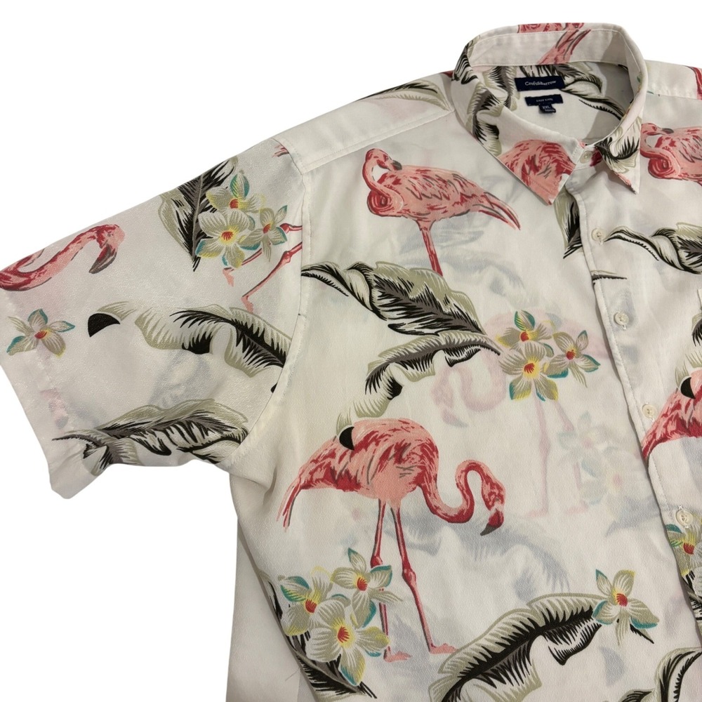 Croft Barrow Button Down Shirt Mens 2XL White Flamingo Tropical Short Sleeve